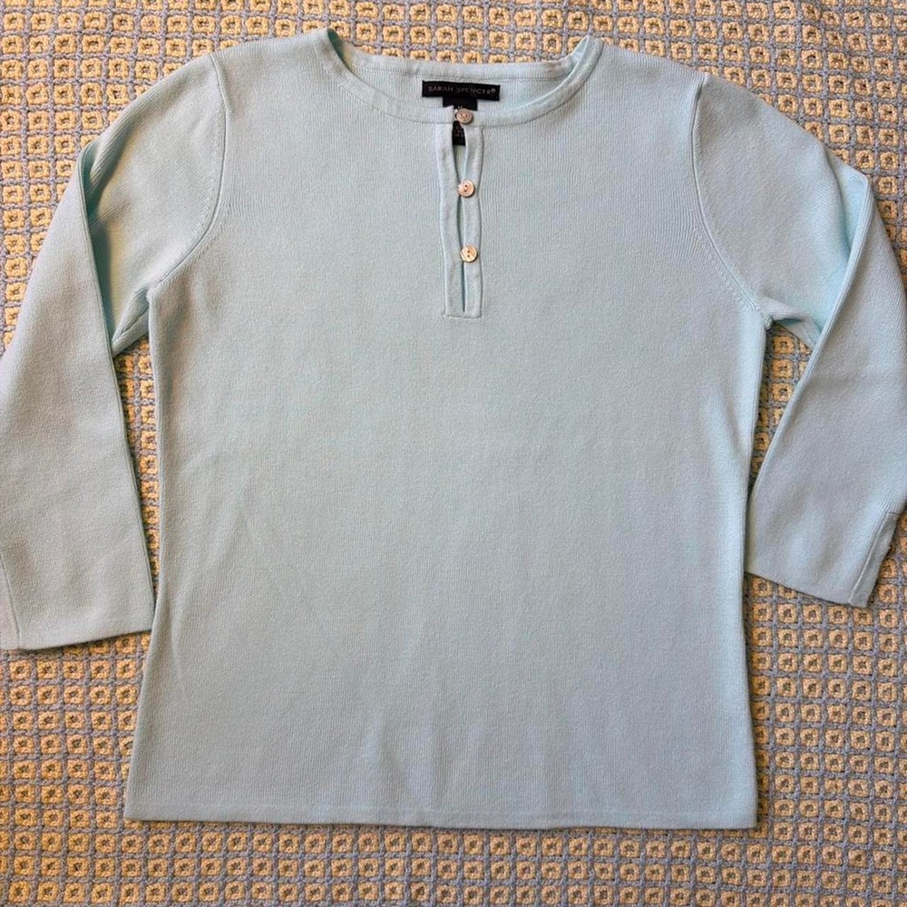 Sarah Spencer Aquamarine Blue 3/4 Sleeve Mother of Pearl Button Top M